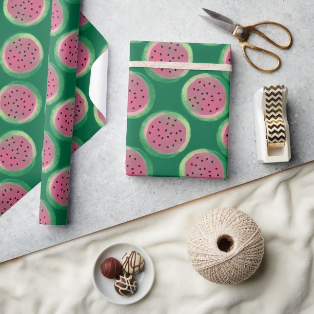 Papier Cadeau Motif pastèque rose et vert aquarelle (Artisanat)