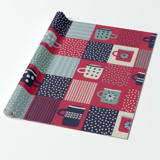 Papier Cadeau Motif, patchwork avec tasses dessinées à la main,  (Déroulé)