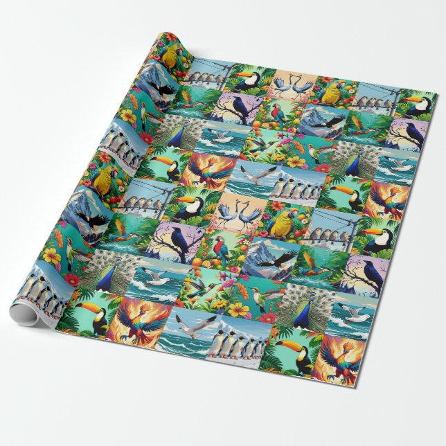 Papier Cadeau Motif patchwork d'oiseaux  (Déroulé)