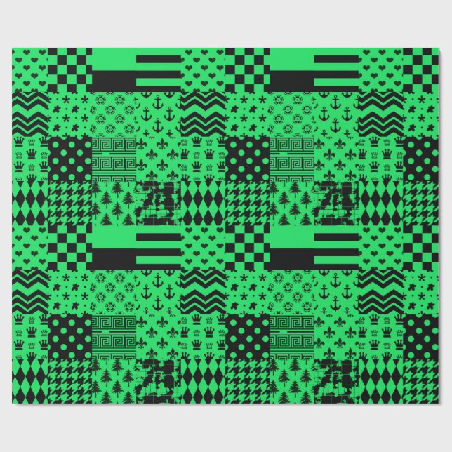Papier Cadeau Motif patchwork mélange vert noir  (Plat)