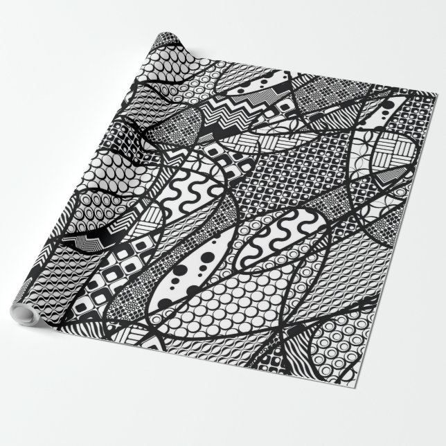 Papier Cadeau Motif Patchwork Noir & Blanc 05 (Déroulé)