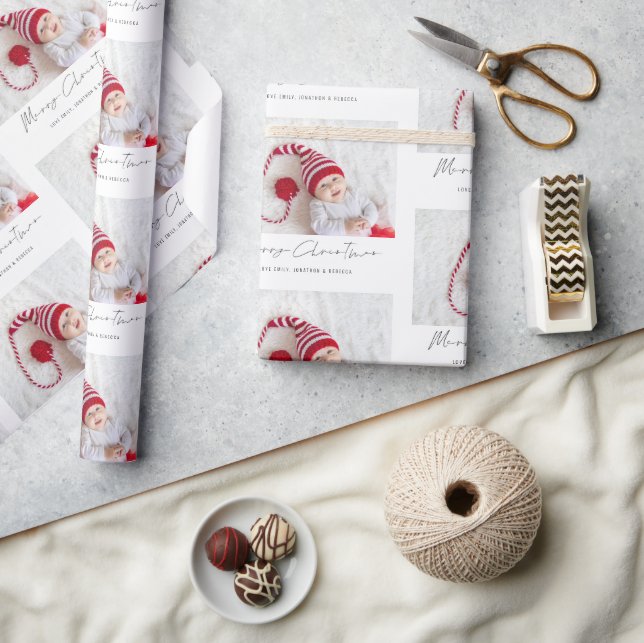 Papier Cadeau Motif photo moderne Nom Script Joyeux Noël (Artisanat)