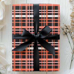 Papier Cadeau Motif Plaid Halloween en orange, rose et noir