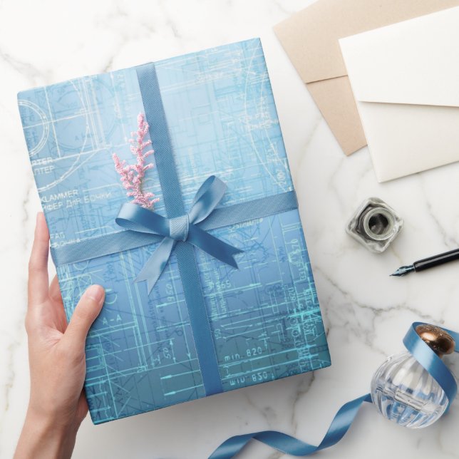 Papier cadeau motif plan architectural bleu  (Cadeaux)
