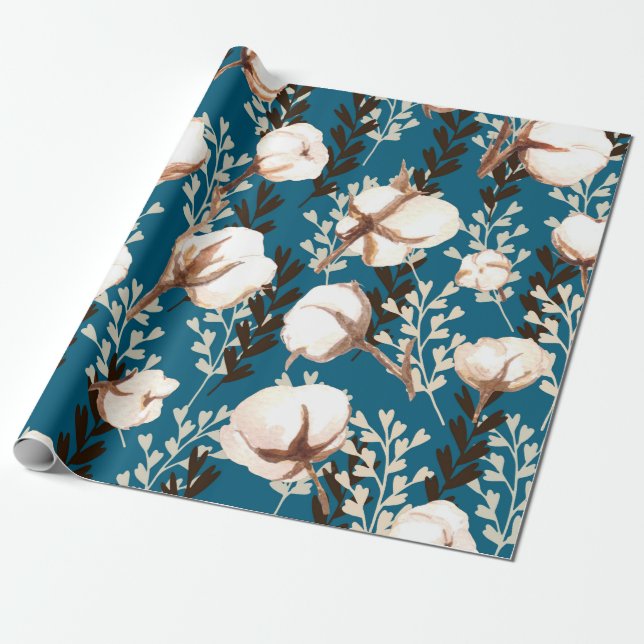 Papier Cadeau Motif Plante en coton bleu (Déroulé)