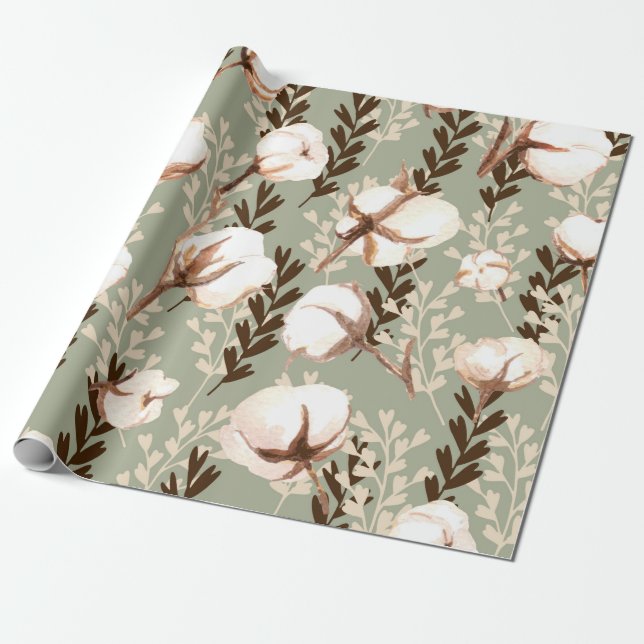 Papier Cadeau Motif Plante en coton vert (Déroulé)