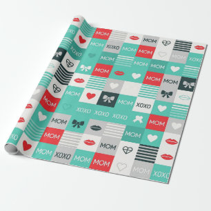 Papier Cadeau Motif Pop Art MAMAN Amour avec des cœurs et des nœ