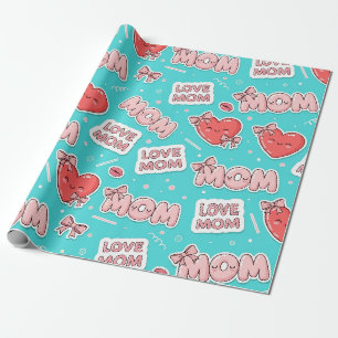 Papier Cadeau Motif Pop Art MOM Love en Turquoise