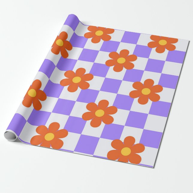 Papier Cadeau Motif Purple Check Avec Fleur Orange (Déroulé)