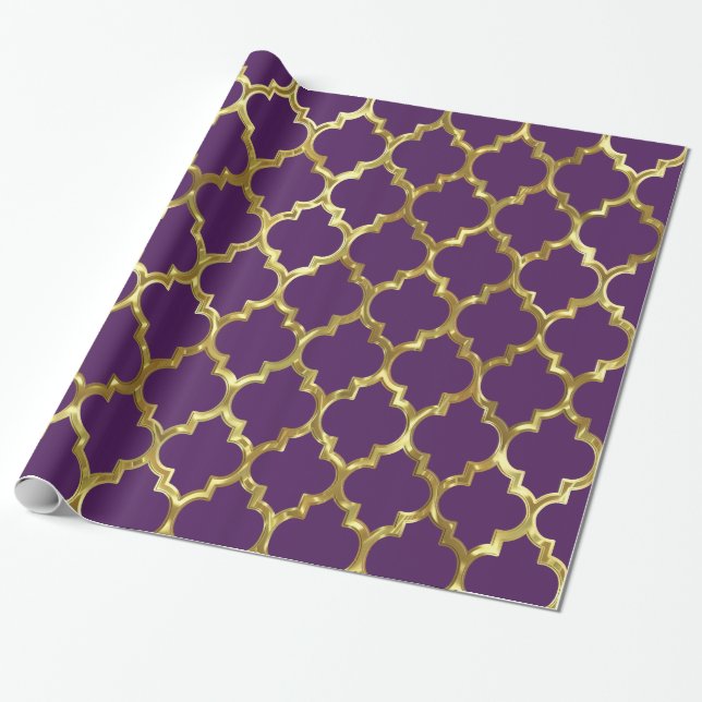 Papier Cadeau Motif Quatrefoil Géométrique Or Sur Violet (Déroulé)