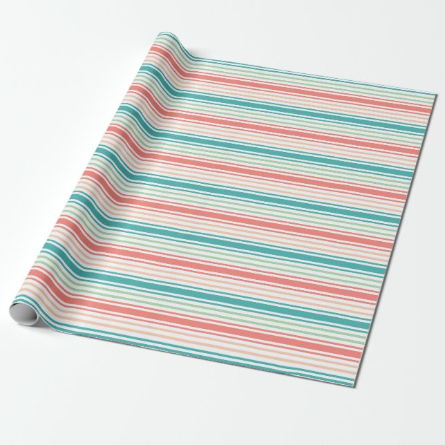 Papier Cadeau Motif rayé élégant : sarcelle, corail et blanc (Déroulé)