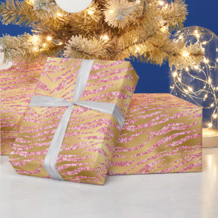 Papier Cadeau Motif rayures de tigre paillettes rose et or