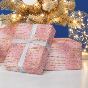 Papier Cadeau Motif rayures paillettes rose et or