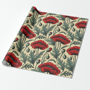 Papier Cadeau Motif Red Poppies d'inspiration vintage