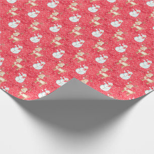 Papier Cadeau Motif Rennes de Noël et Bonhommes de Neige - Rouge