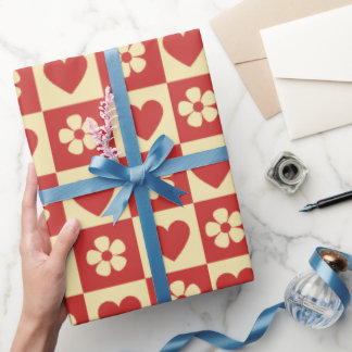 Papier Cadeau Motif Rétro à carreaux Cœurs et Fleurs