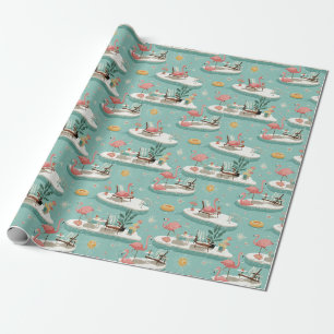 Papier Cadeau Motif Rétro Flamingo Piscine Été (6)