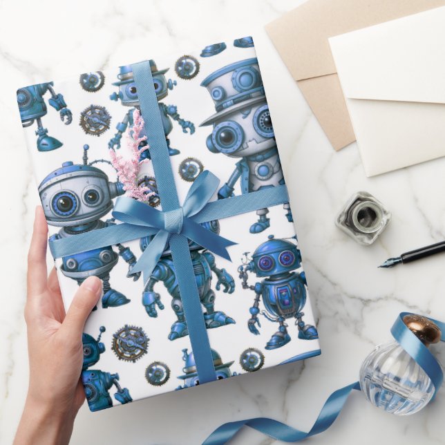 Papier Cadeau Motif robotique bleu (Cadeaux)