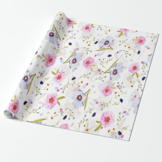 Papier Cadeau Motif rose, bleu floral (Déroulé)