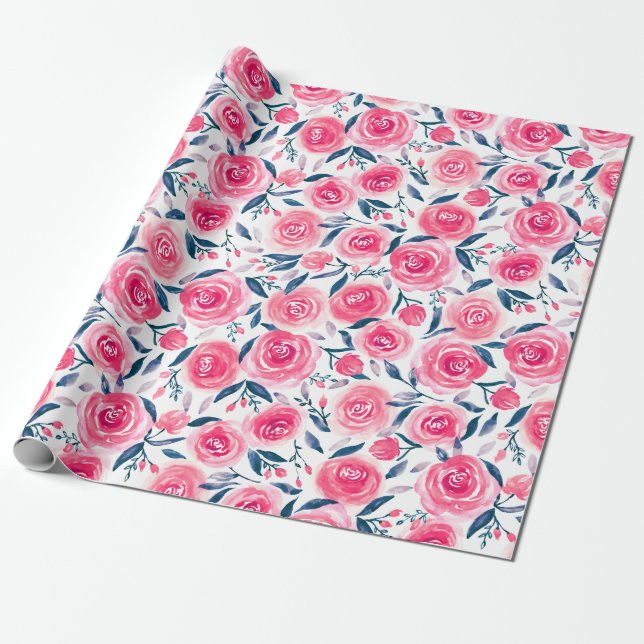 Papier Cadeau Motif Rose d'aquarelle rose (Déroulé)