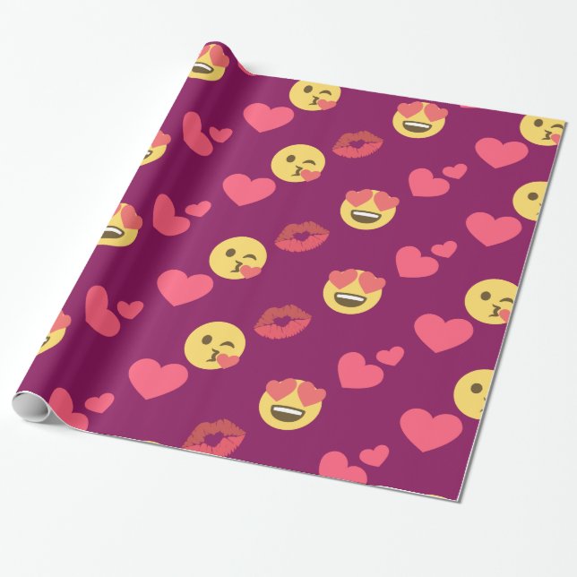 Papier Cadeau Motif rose doux mignon de baiser de coeurs d'amour (Déroulé)