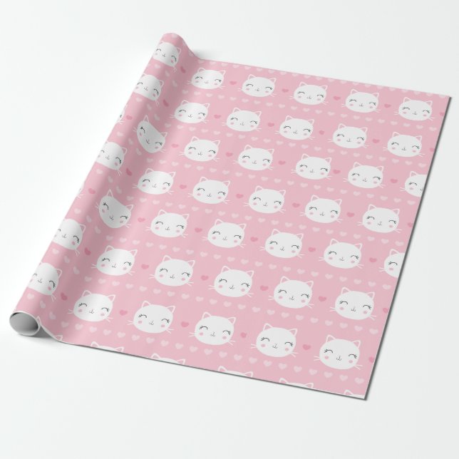 Papier Cadeau Motif rose Girly de chat blanc mignon (Déroulé)