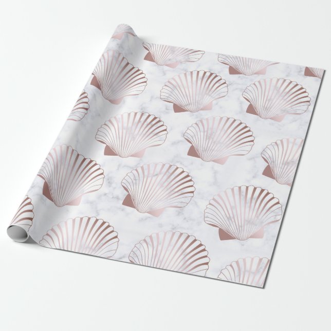 Papier Cadeau Motif rose Girly de coquillage d'or et marbre (Déroulé)
