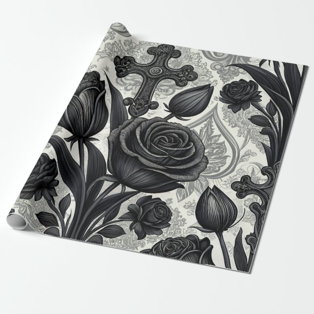 Papier Cadeau Motif Rose Gothique Foncé (2) (Déroulé)