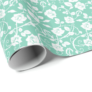 Papier Cadeau Motif Rose Stylisé turquoise Vert Et Blanc