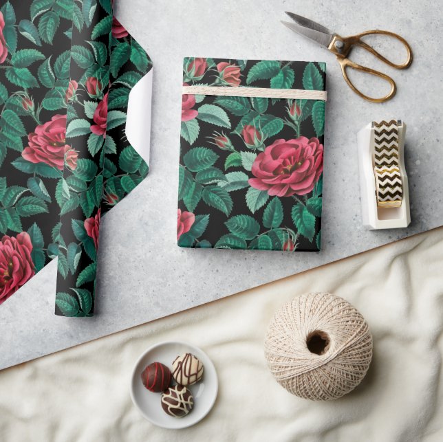 Papier Cadeau Motif Roses Rouges Vintage (Artisanat)