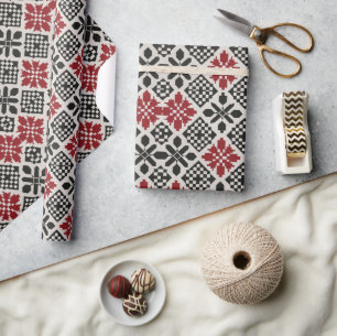 Papier Cadeau Motif rouge noir blanc géométrique folk