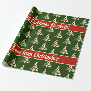 Papier Cadeau Motif rouge vert élégant d'arbre de Noël d'or d