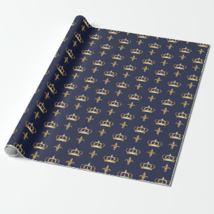 Papier Cadeau Motif Royal Crown et Fleur de Lis sur Blue