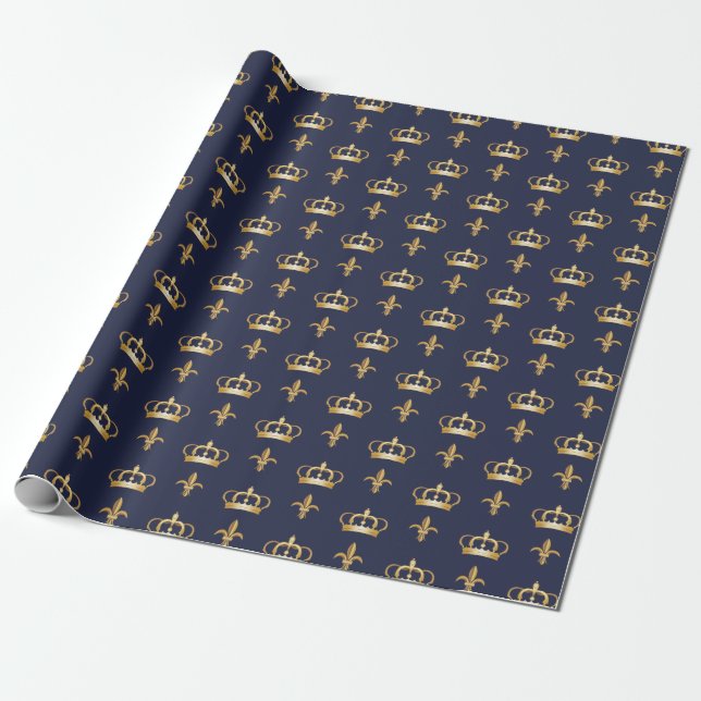 Papier Cadeau Motif Royal Crown et Fleur de Lis sur Blue (Déroulé)