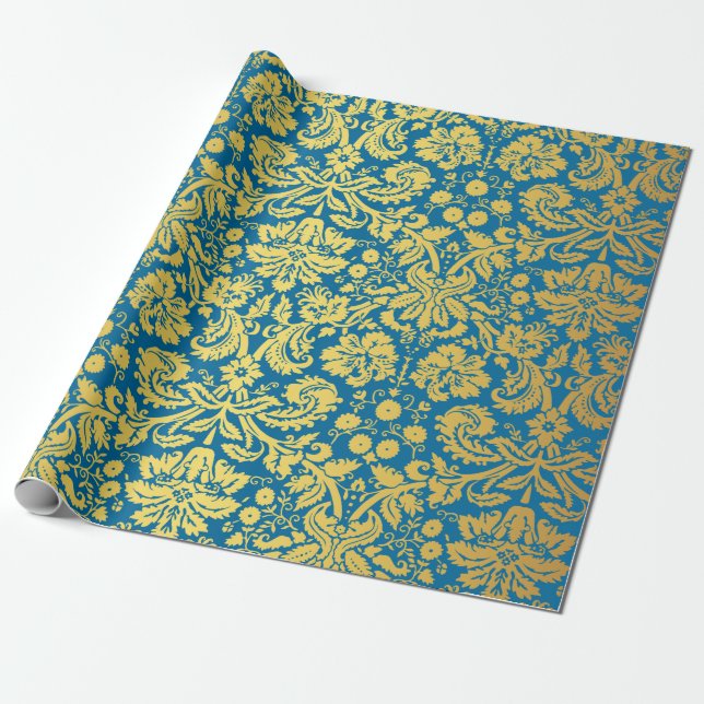 Papier Cadeau Motif royal élégant de damassé de bleu et d'or (Déroulé)