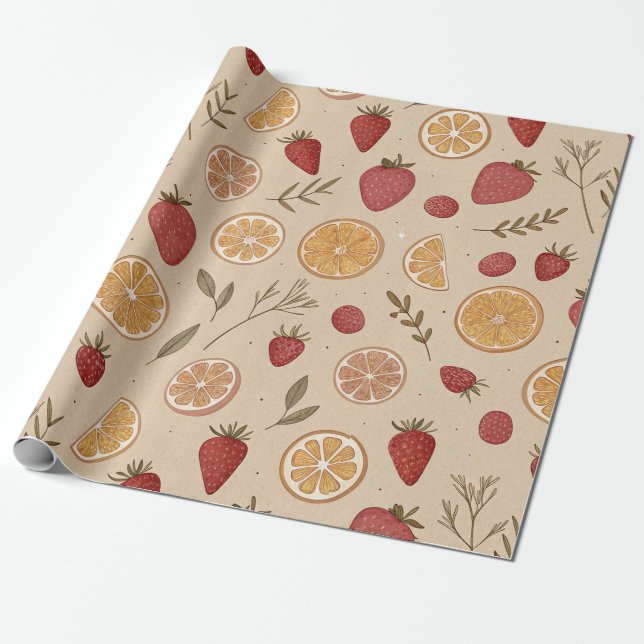 Papier Cadeau Motif rustique de fraise et d'agrumes (5) (Déroulé)