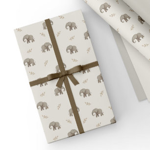 Papier Cadeau Motif safari éléphants aquarelle neutre