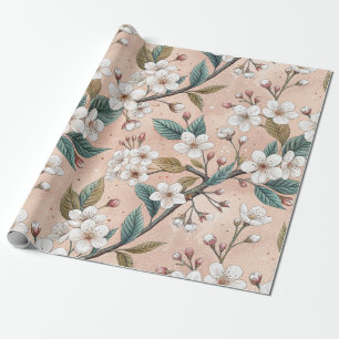 Papier Cadeau Motif Sakura en fleurs de cerisier rose sur rose (