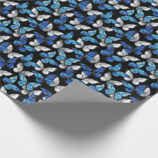 Papier Cadeau Motif sans couleur foncée avec papillons bleus Mor (Coin)