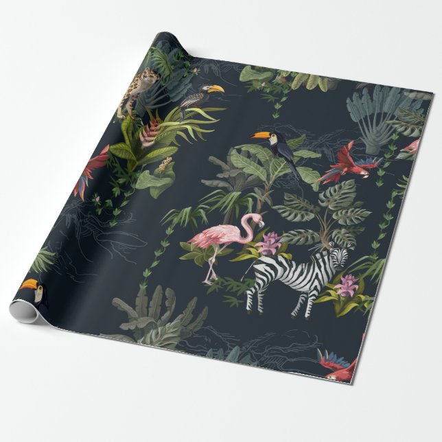 Papier Cadeau Motif sans couture avec animaux de la jungle, fleu (Déroulé)