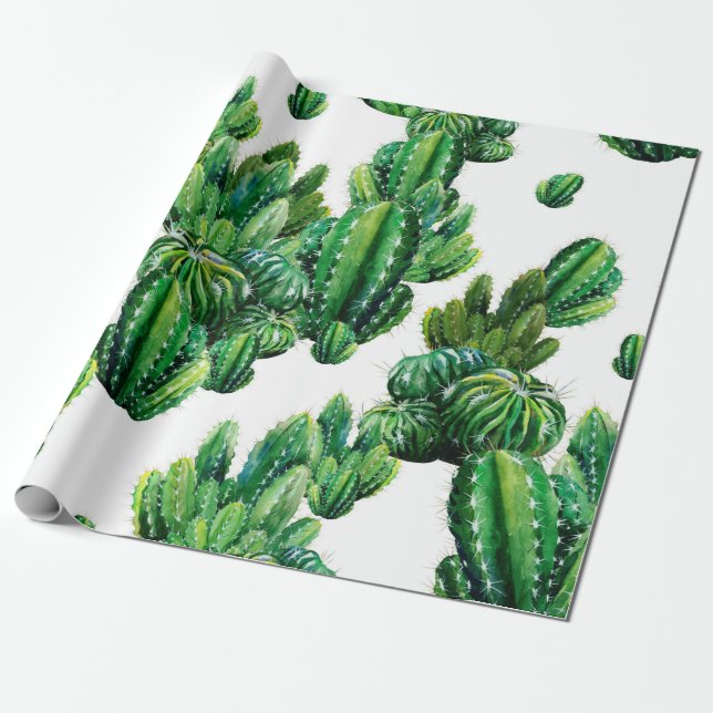 Papier Cadeau Motif sans couture avec cactus aquarelle. Cactus i (Déroulé)