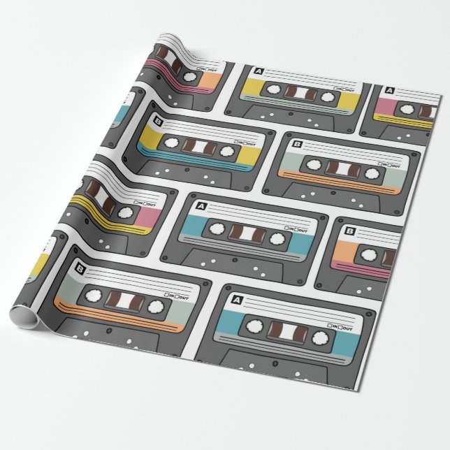 Papier Cadeau Motif sans couture avec cassettes rétro en douceur (Déroulé)