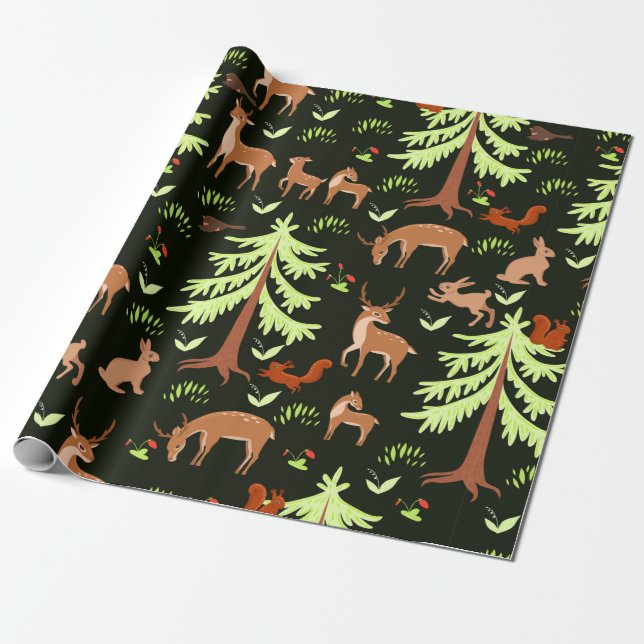 Papier Cadeau Motif sans couture avec cerfs dans la forêt. (Déroulé)