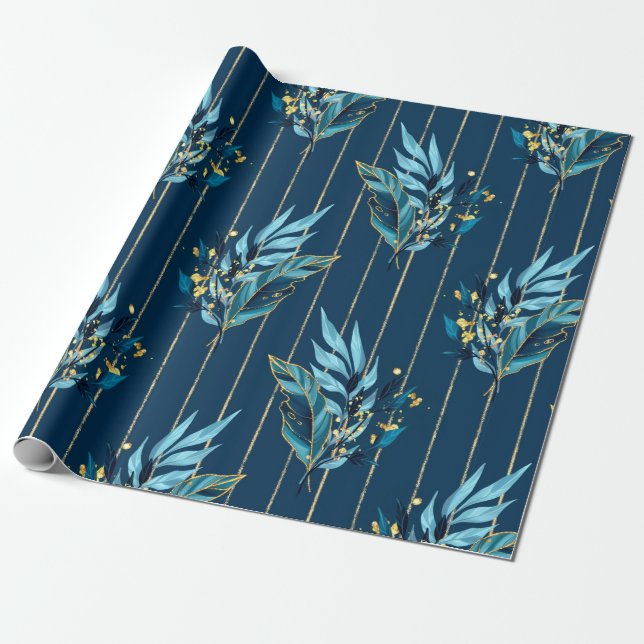 Papier Cadeau Motif sans couture avec feuilles bleus et rayures (Déroulé)