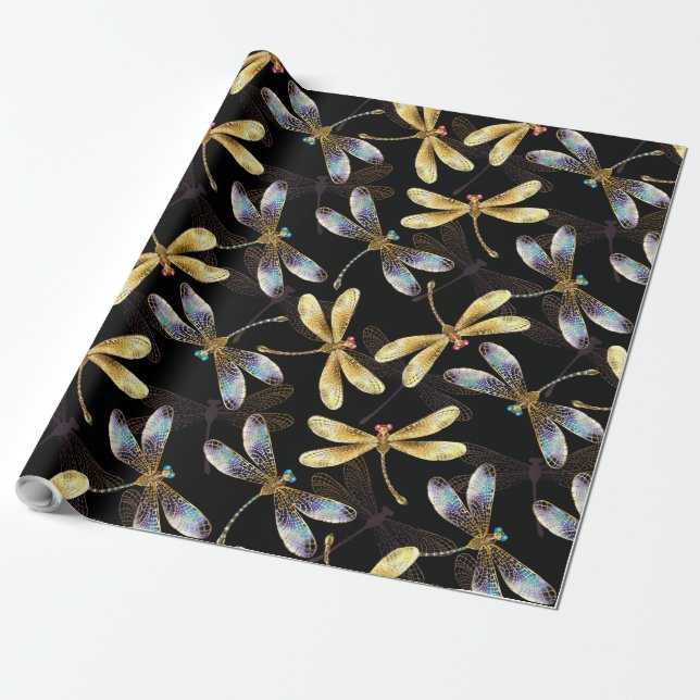 Papier Cadeau Motif sans couture avec libellules d'or (Déroulé)