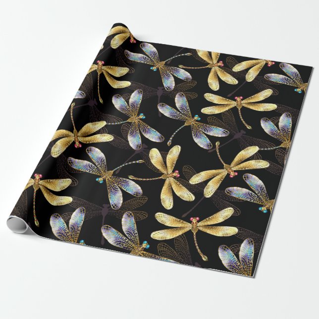 Papier Cadeau Motif sans couture avec libellules d'or (Déroulé)