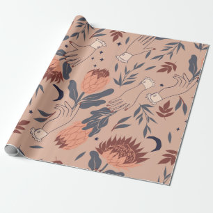 Papier Cadeau Motif sans couture avec oiseaux, fleurs de protéa 