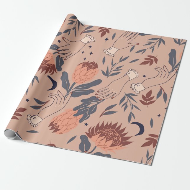 Papier Cadeau Motif sans couture avec oiseaux, fleurs de protéa  (Déroulé)