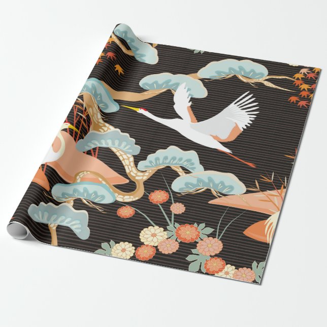 Papier Cadeau Motif sans couture avec oiseaux. Grue. Heron. Japo (Déroulé)