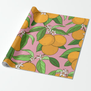 Papier Cadeau Motif sans couture avec oranges, feuilles, fleurs